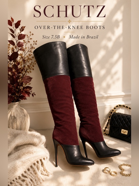 SCHUTZ Shoes - Schutz Leather & Suede Colorblock Over-the-Knee Boots Size 7.5B Burgundy Black